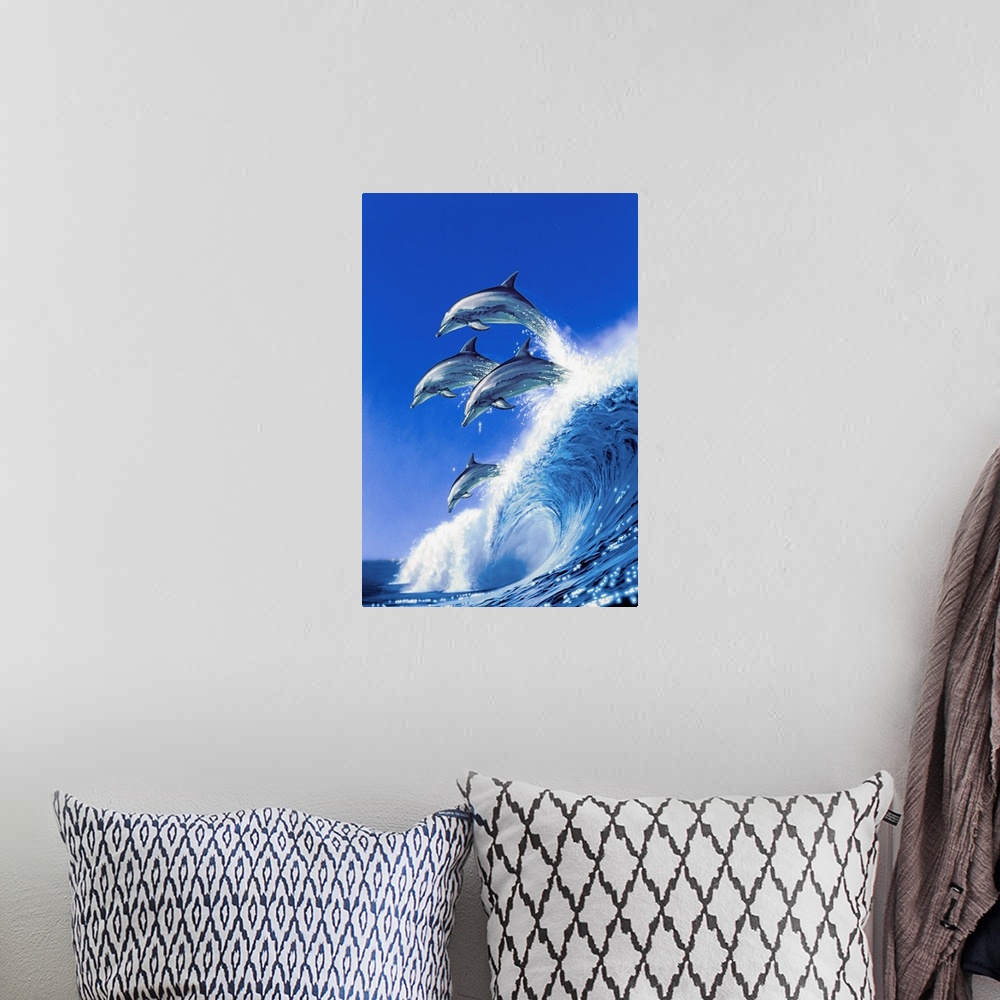A bohemian room featuring dolphins riding above a blue wave