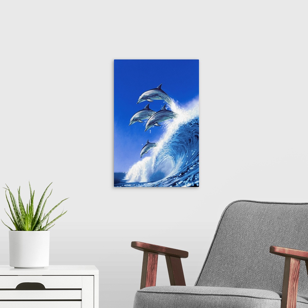 A modern room featuring dolphins riding above a blue wave