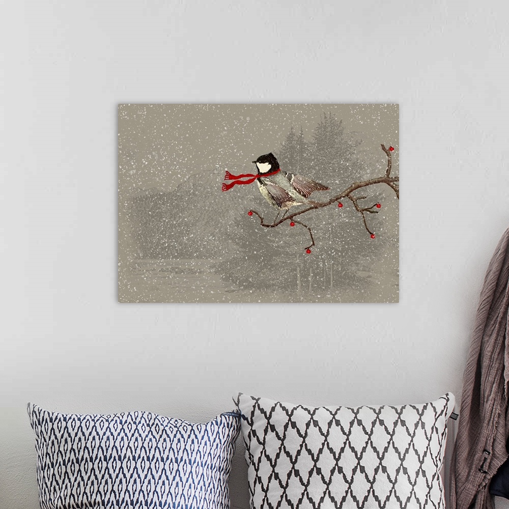 A bohemian room featuring A small chickadee wearing a red scarf on a holly branch.