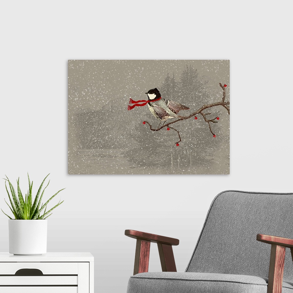 A modern room featuring A small chickadee wearing a red scarf on a holly branch.