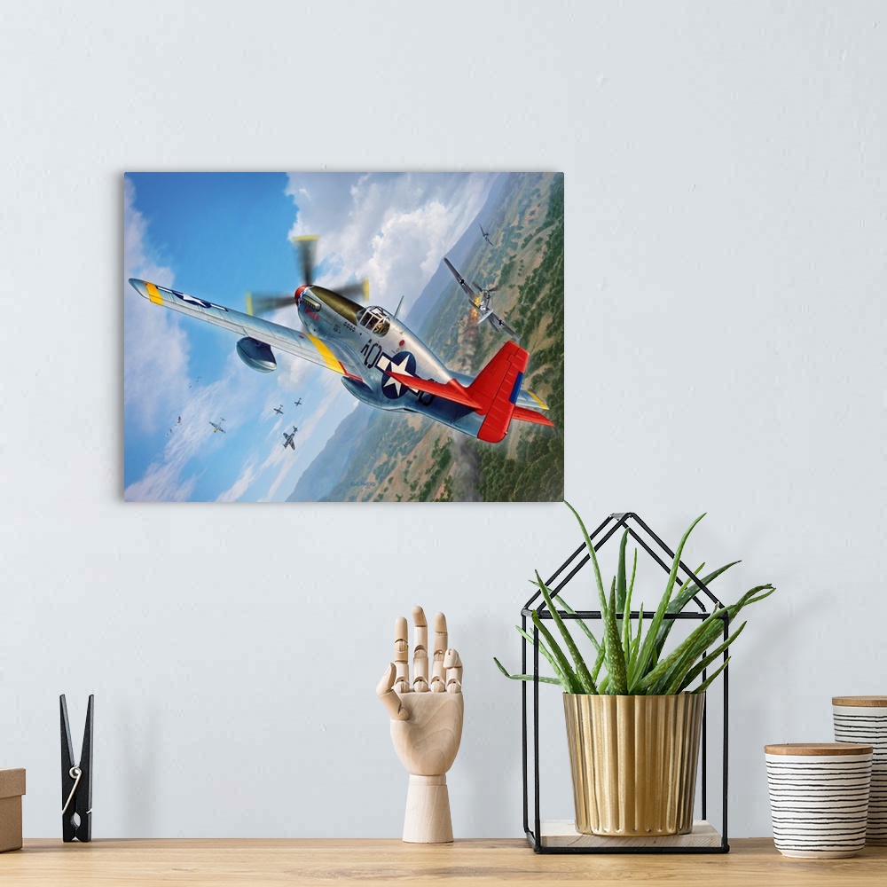 A bohemian room featuring A P-51C Mustang belonging to the famed fighter squadron known as the "Tuskegee Airmen" shoots dow...