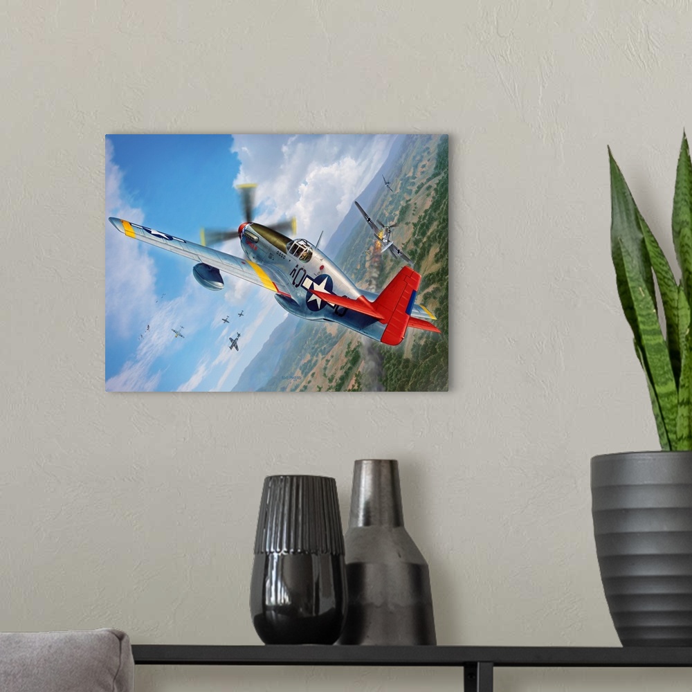 A modern room featuring A P-51C Mustang belonging to the famed fighter squadron known as the "Tuskegee Airmen" shoots dow...