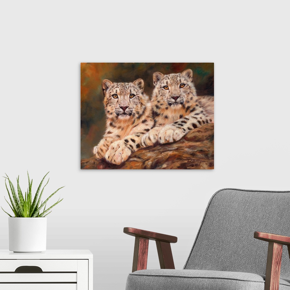 A modern room featuring Contemporary painting of a pair of snow leopards laying on a rock together.