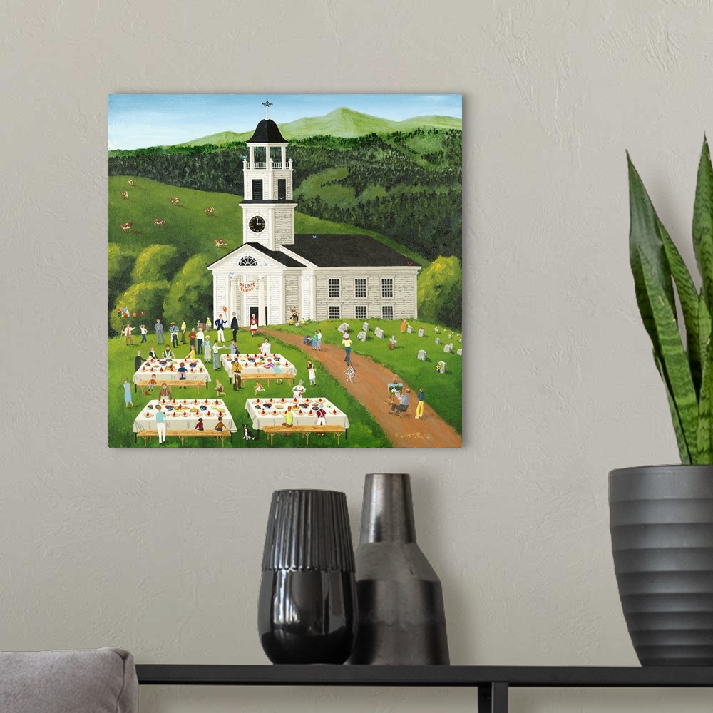 A modern room featuring Americana scene of people enjoying a picnic outside of a church in the countryside.