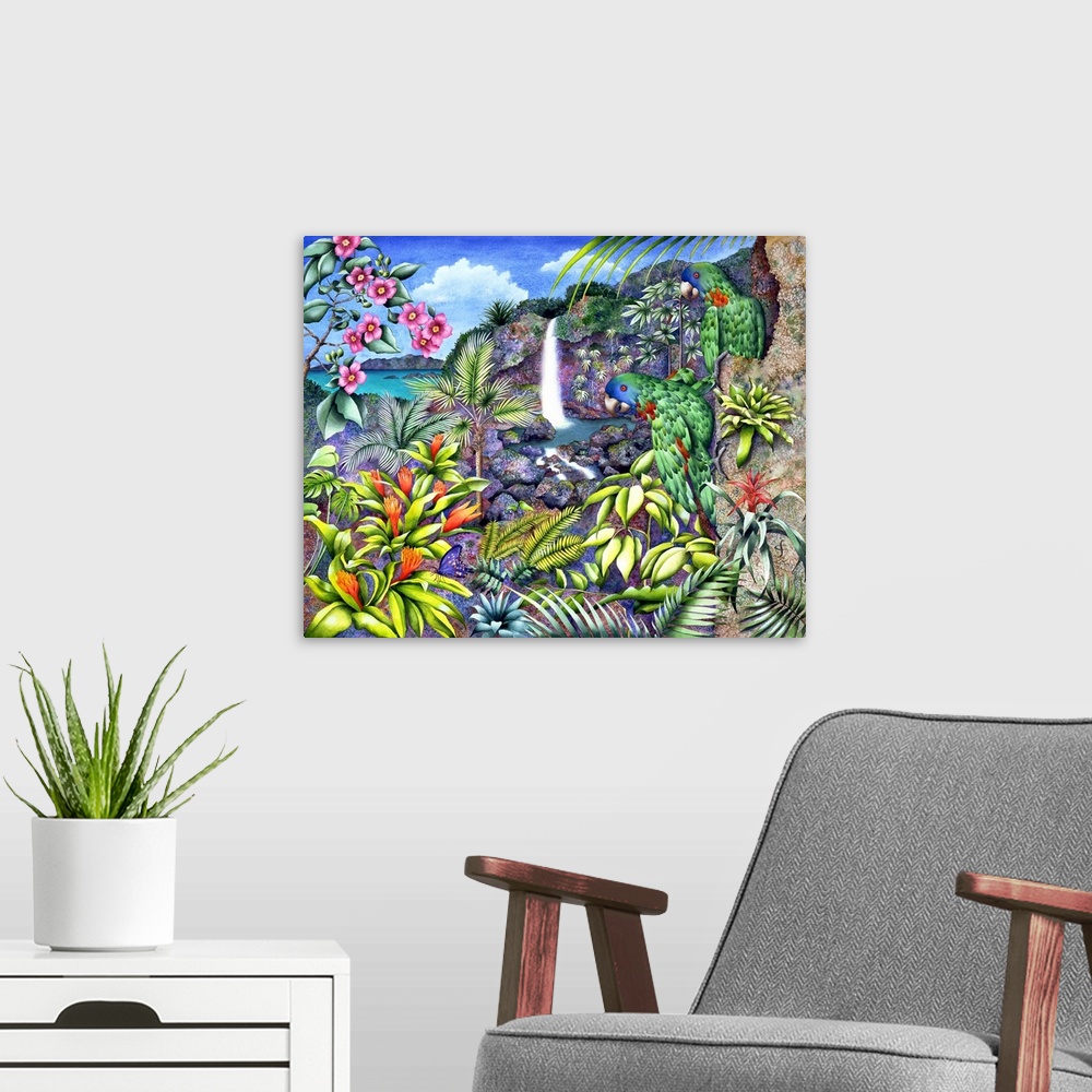 A modern room featuring Tropical themed artwork using bright vivid colors to depict the flowers and animals of the enviro...