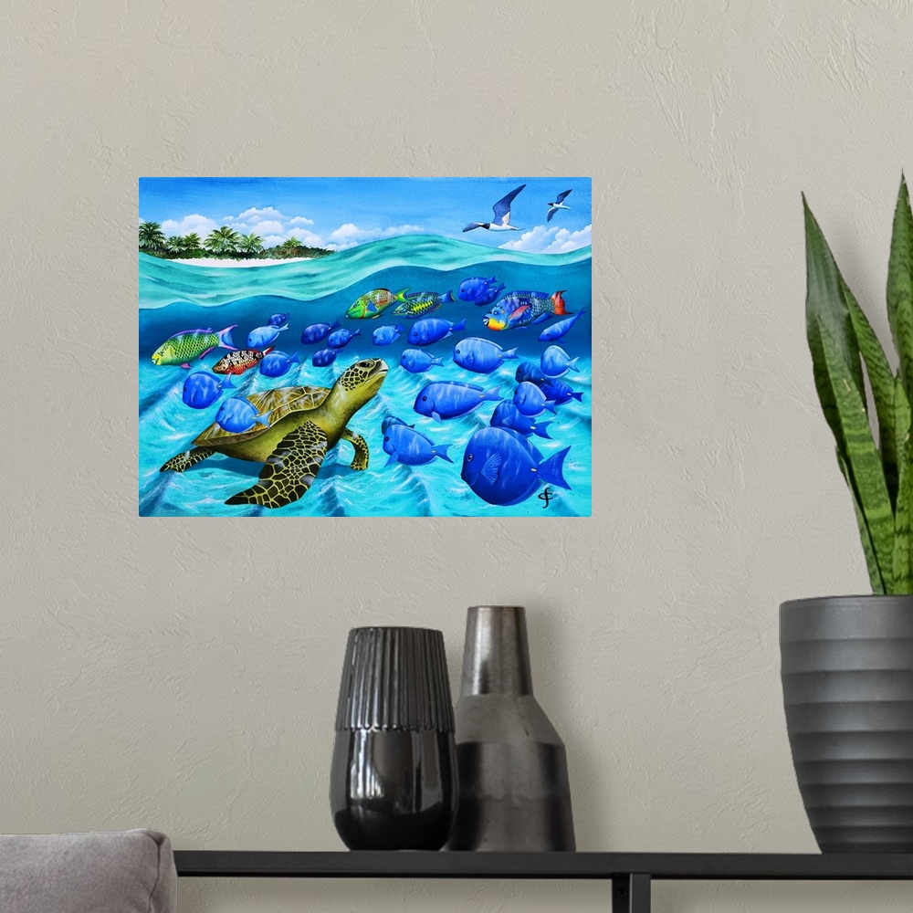 A modern room featuring Tropical themed artwork using bright vivid colors to depict the flowers and animals of the enviro...