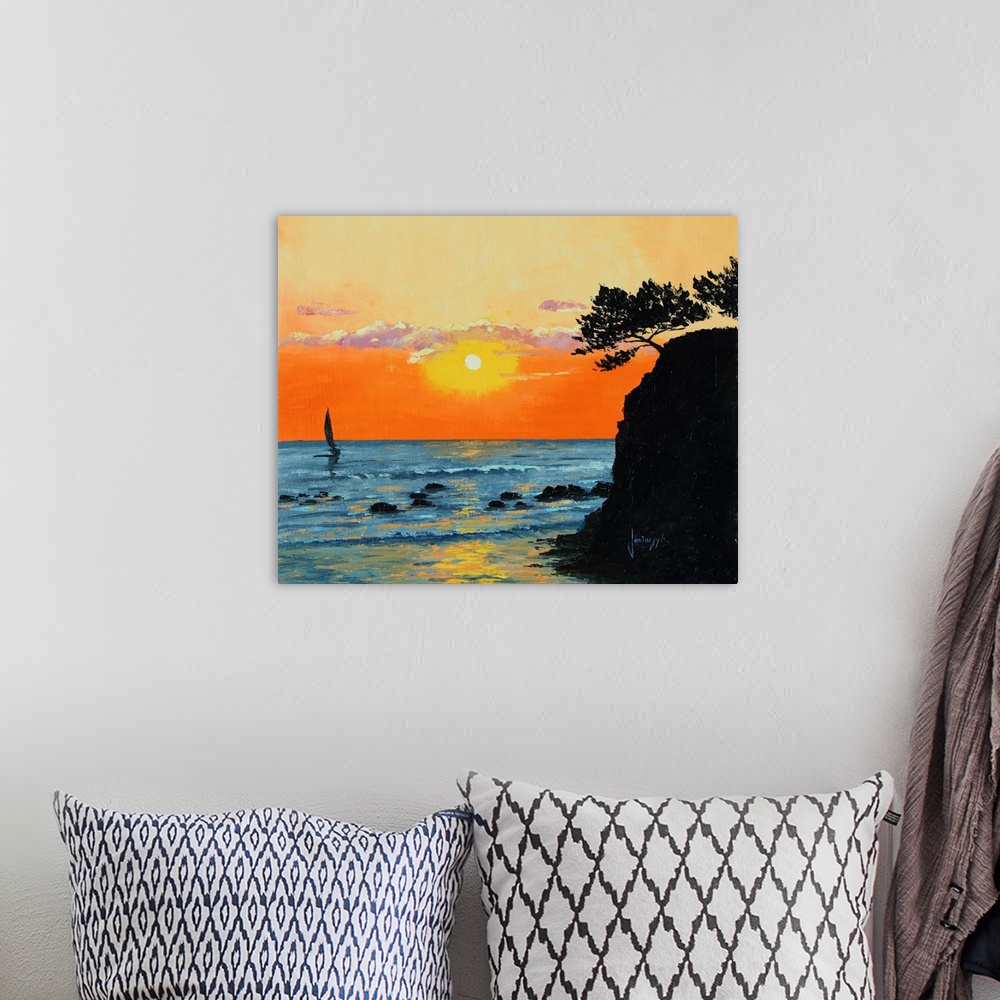 A bohemian room featuring Contemporary painting of a seascape at sunset with the silhouette of a sailboat on the water.
