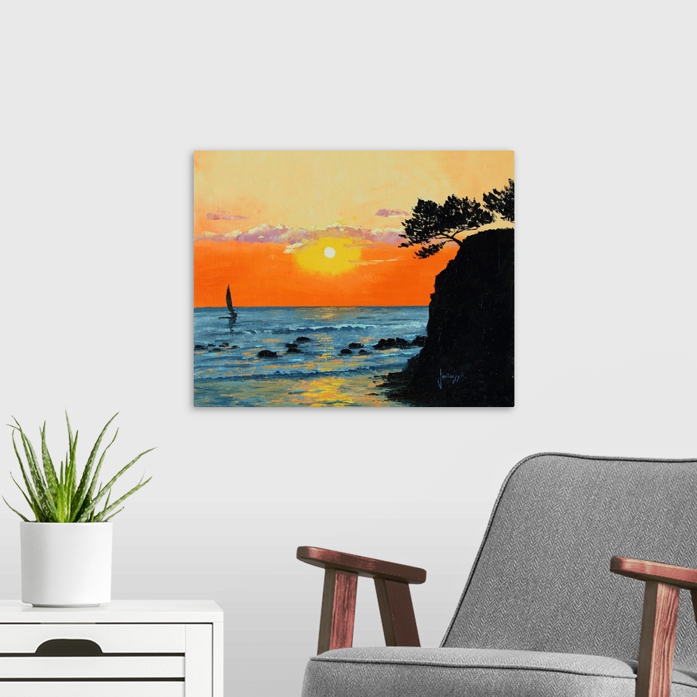A modern room featuring Contemporary painting of a seascape at sunset with the silhouette of a sailboat on the water.