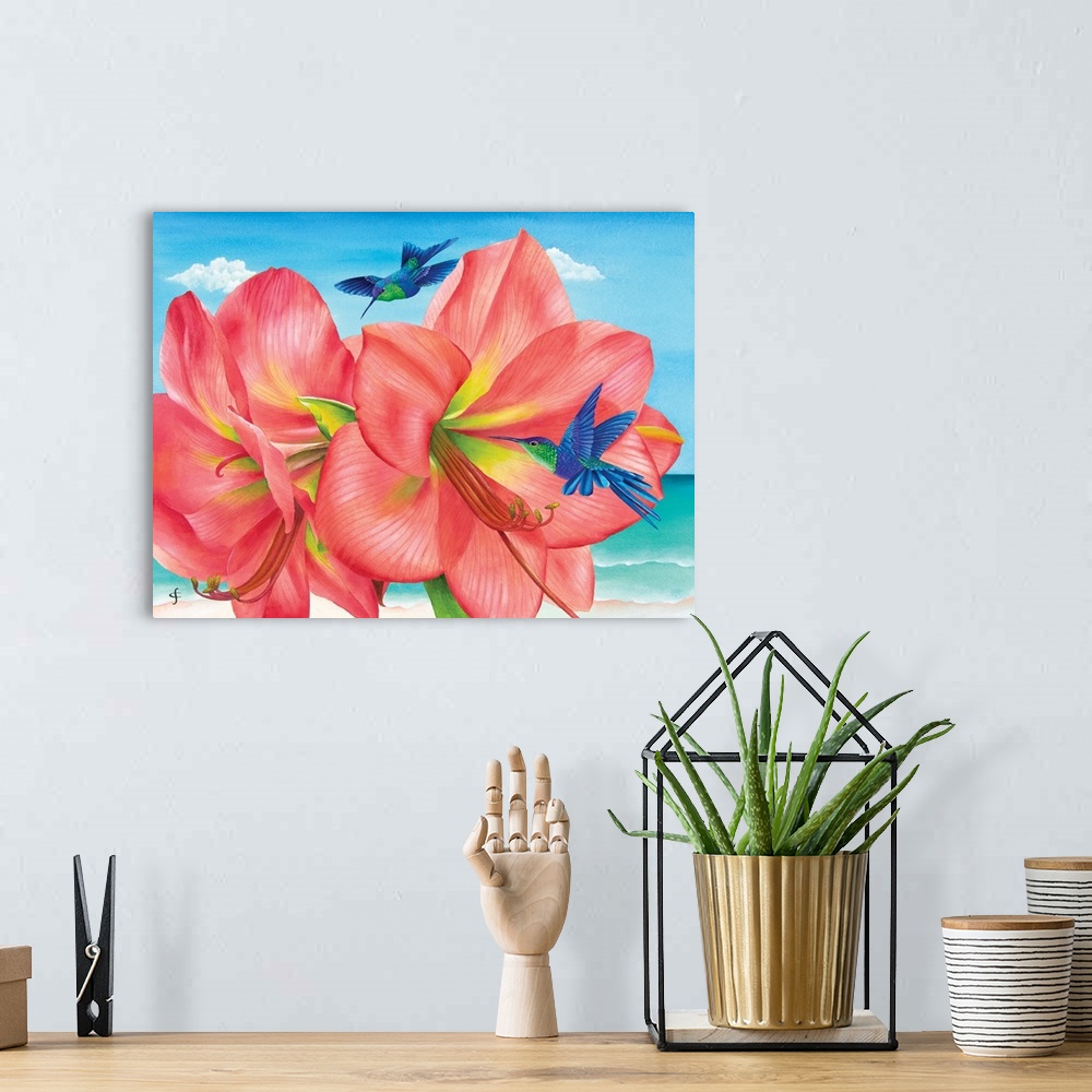 A bohemian room featuring Colorful tropical themed artwork using bright and vibrant colors.