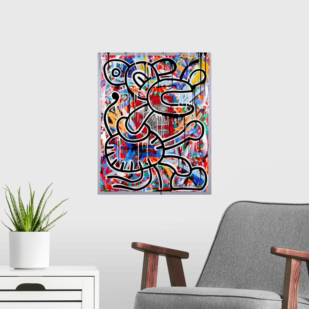 A modern room featuring Contemporary abstract painting of a mouse like figure in an urban art spray can style.