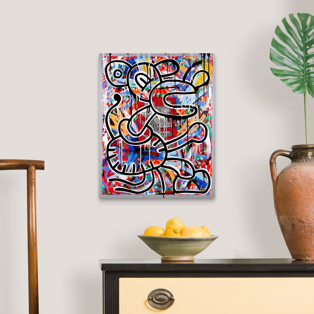 A traditional room featuring Contemporary abstract painting of a mouse like figure in an urban art spray can style.