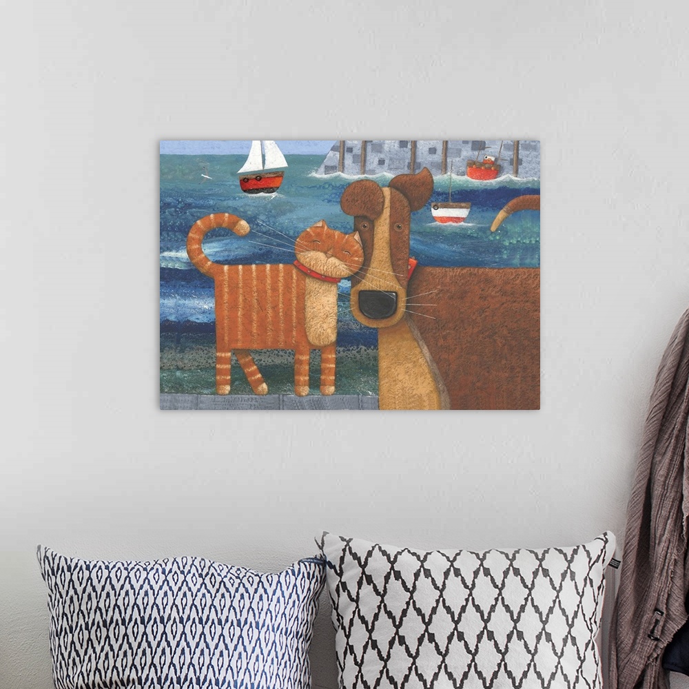 A bohemian room featuring Nautical themed artwork of a dog being nuzzled by a cat with a harbor with sailboats in it in the...