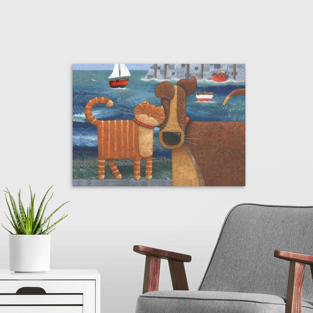 A modern room featuring Nautical themed artwork of a dog being nuzzled by a cat with a harbor with sailboats in it in the...