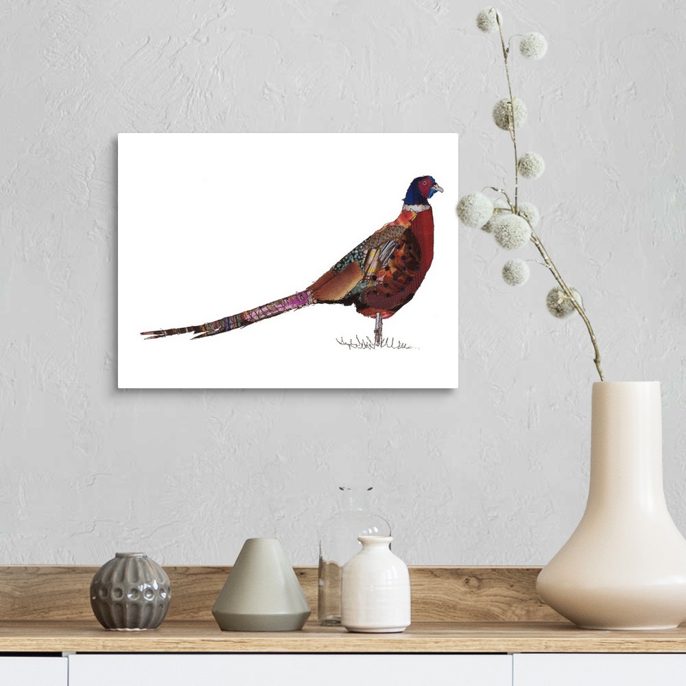 A farmhouse room featuring Horizontal artwork of a pheasant in a collage style outlined in stitches.
