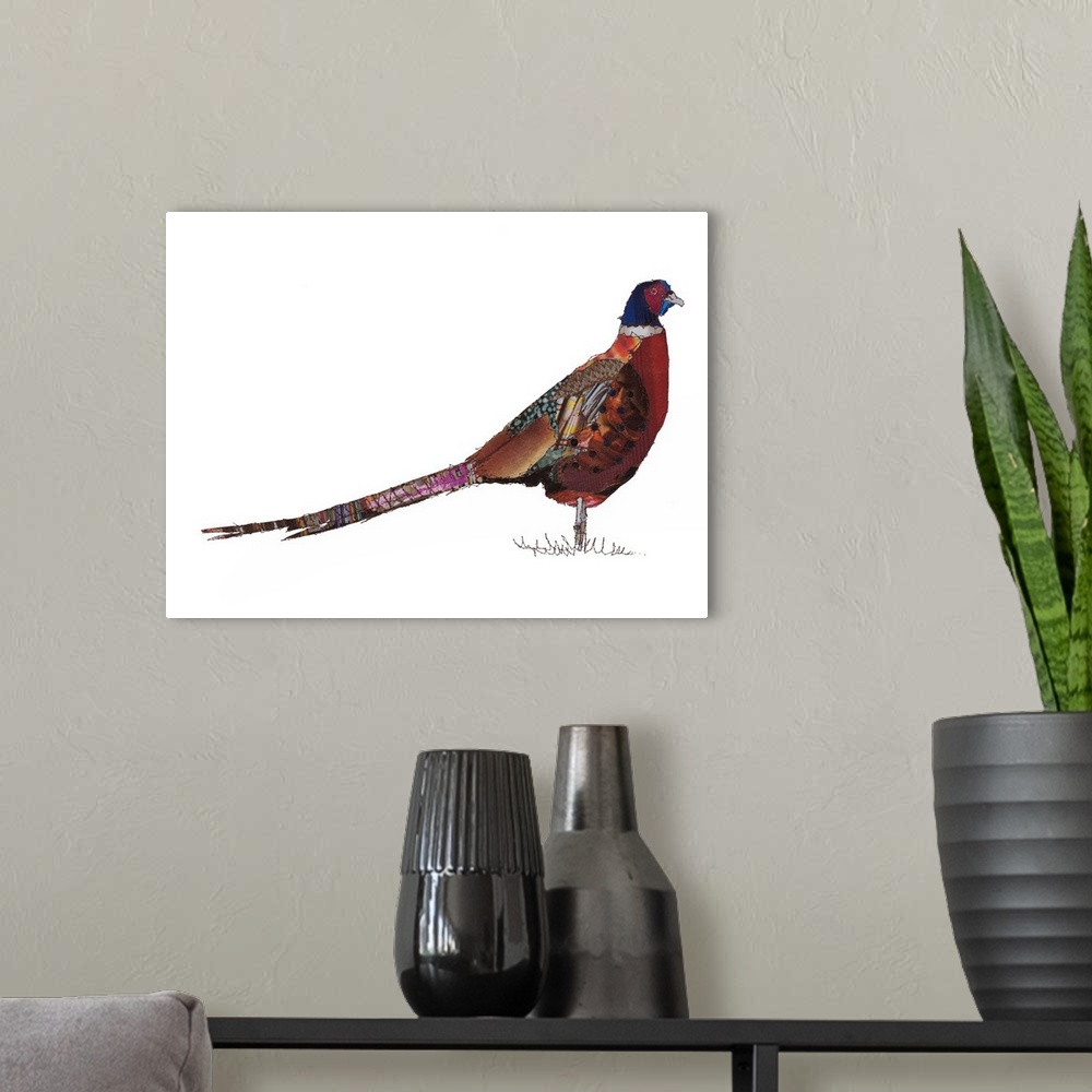 A modern room featuring Horizontal artwork of a pheasant in a collage style outlined in stitches.
