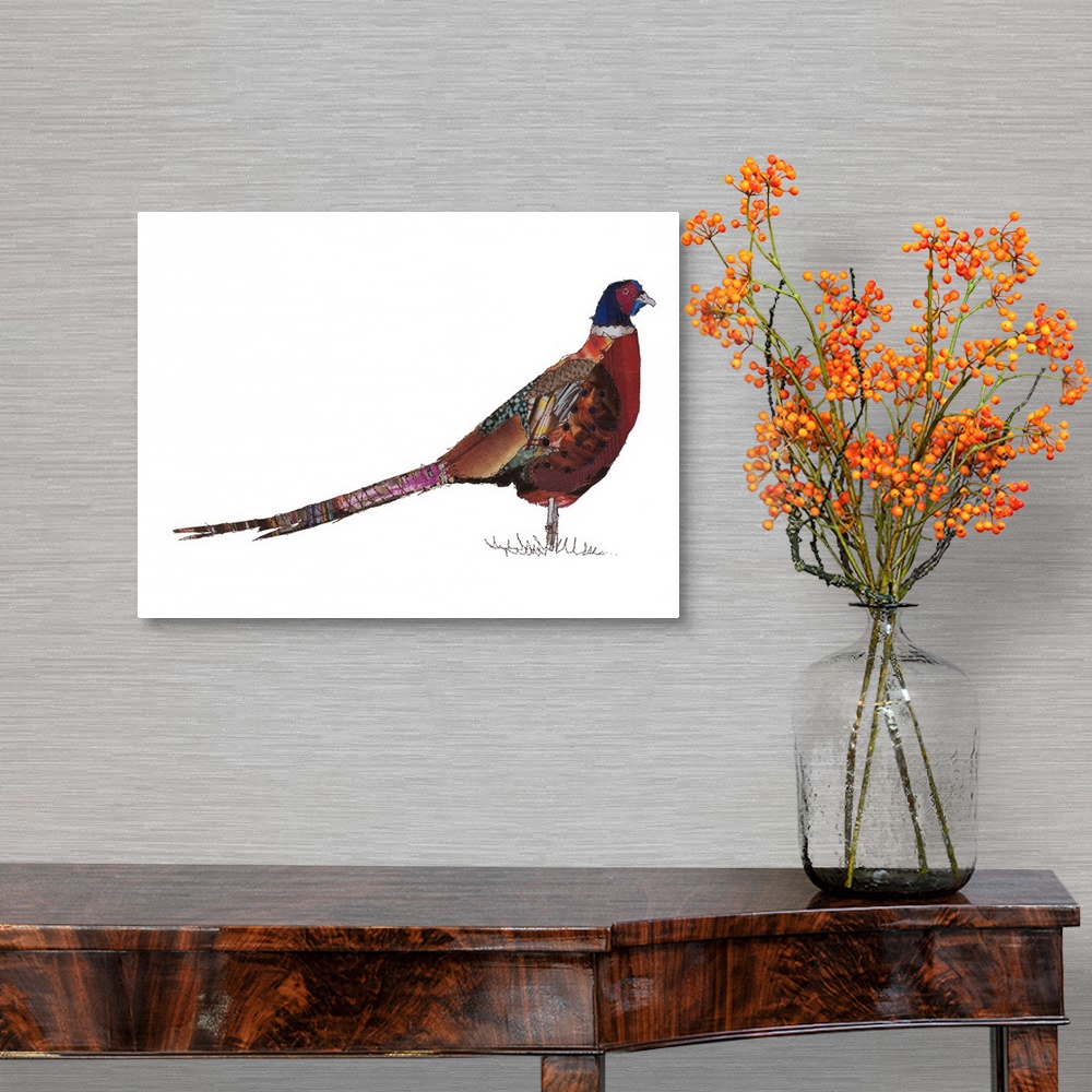 A traditional room featuring Horizontal artwork of a pheasant in a collage style outlined in stitches.