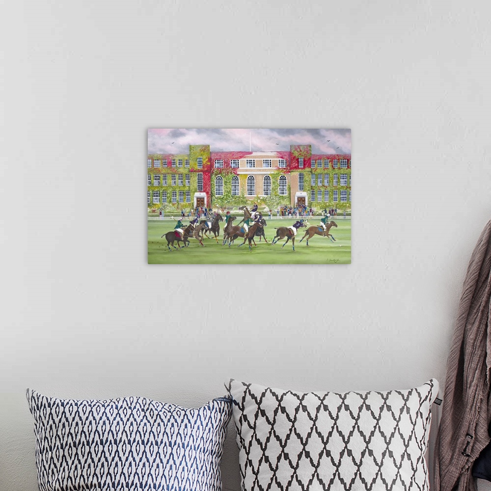 A bohemian room featuring Contemporary painting of a polo match.
