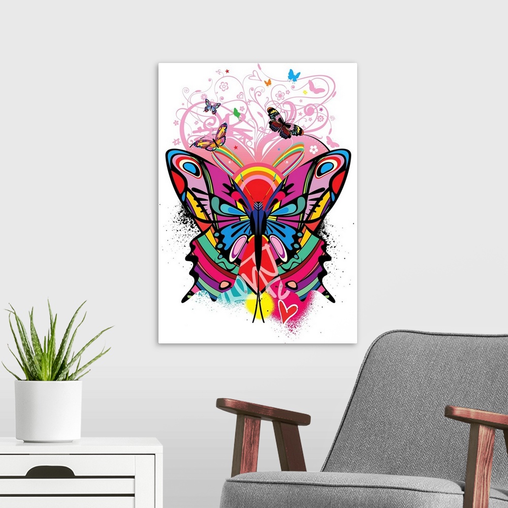 A modern room featuring abstract, bright, butterfly