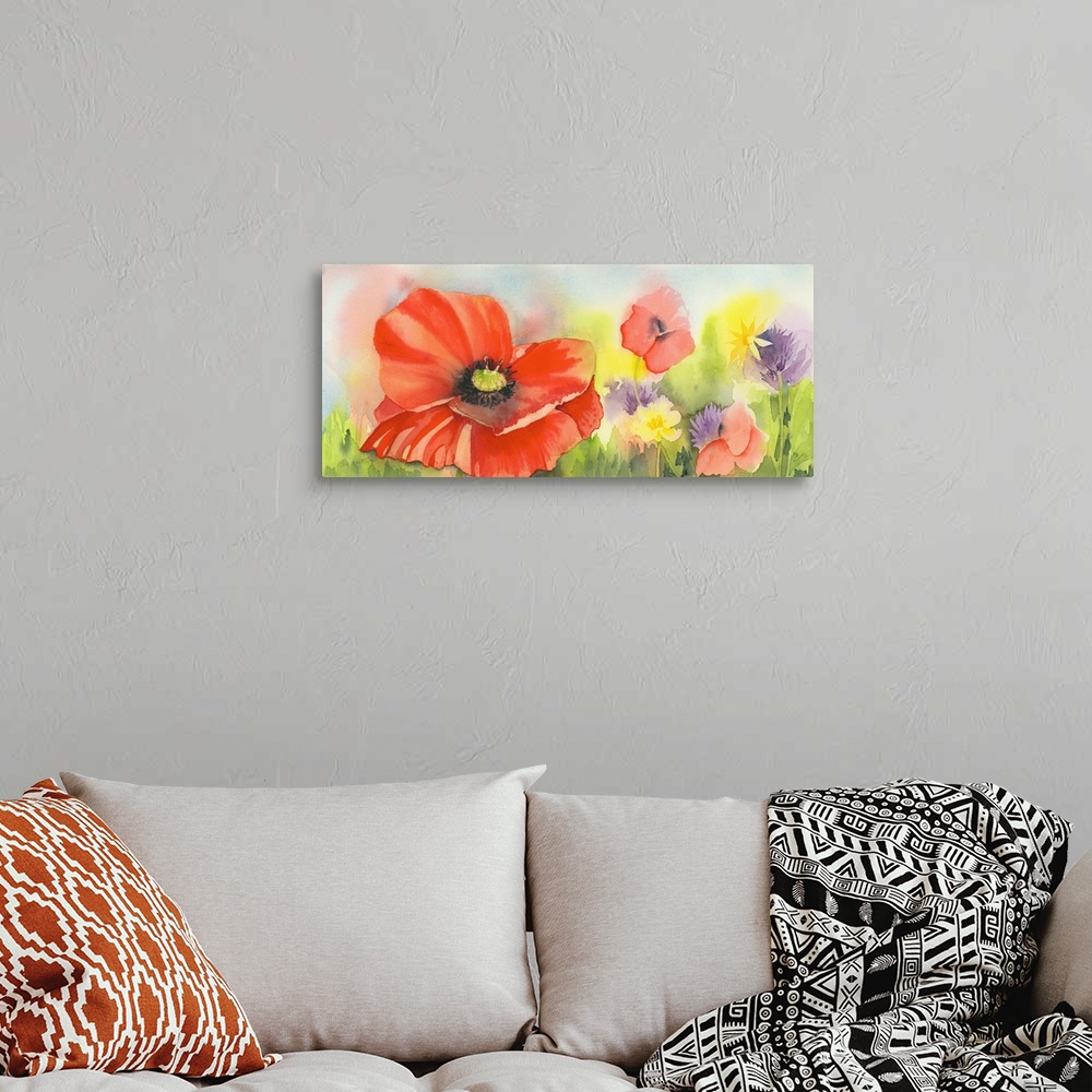 A bohemian room featuring Contemporary watercolor painting of vibrant colorful flowers.