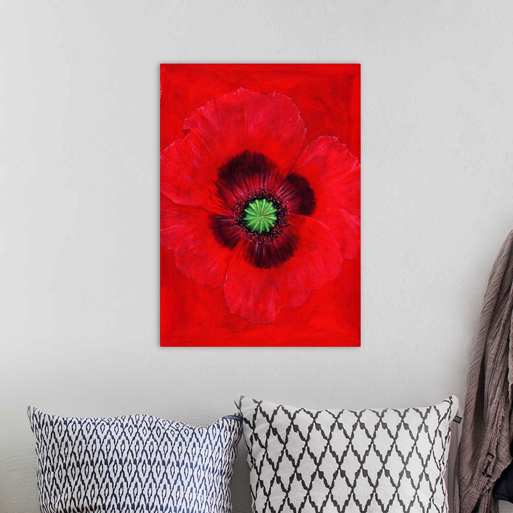A bohemian room featuring Contemporary painting of a red flower against a red background.