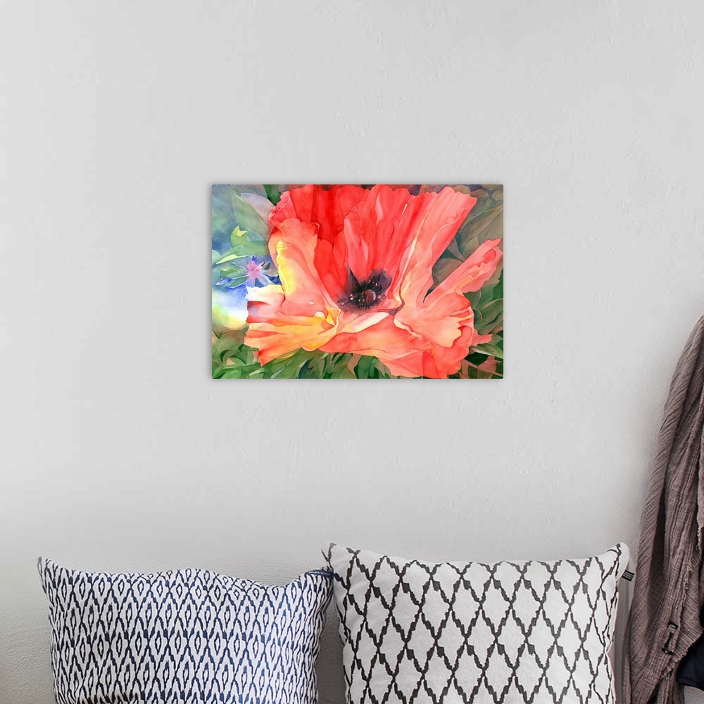 A bohemian room featuring Contemporary watercolor painting of brightly colored flowers.