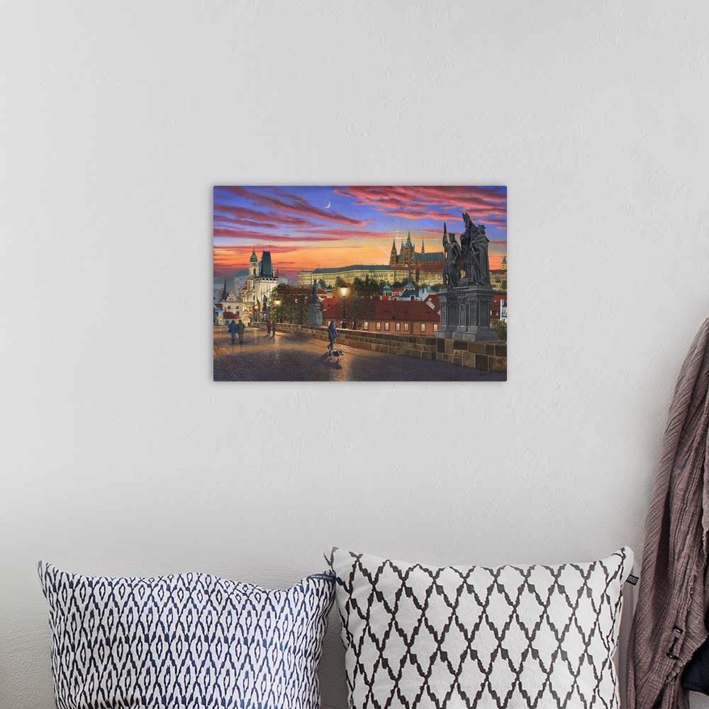 A bohemian room featuring Contemporary artwork of an old European city at night with people walking on a bridge in the fore...