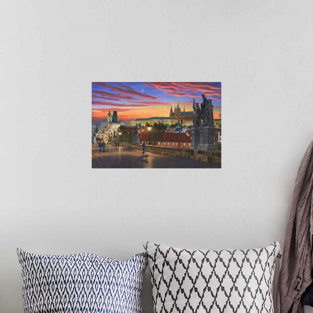 A bohemian room featuring Contemporary artwork of an old European city at night with people walking on a bridge in the fore...