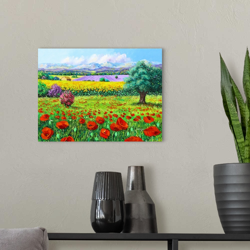 A modern room featuring Painting of a rural landscape of flowering fields of bright red poppies.