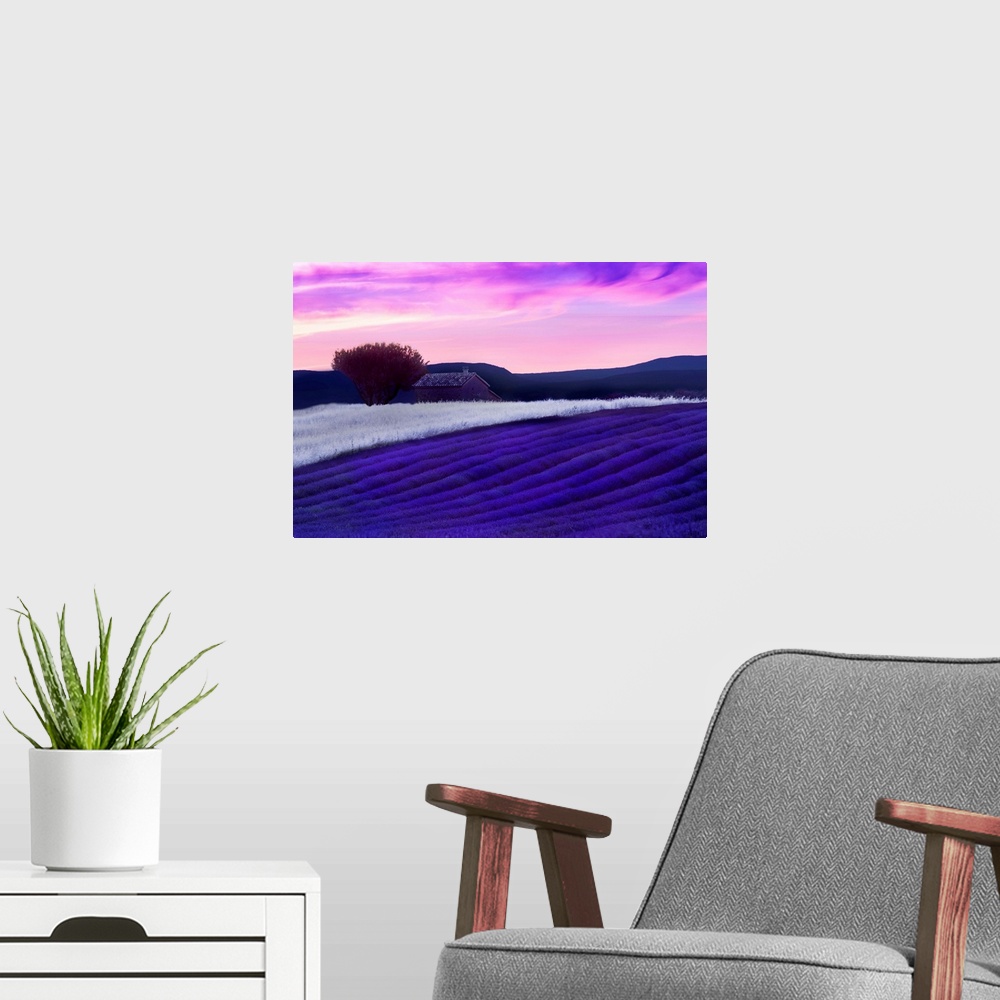A modern room featuring Horizontal photograph on a large wall hanging of rolling farmland with a building in the backgrou...