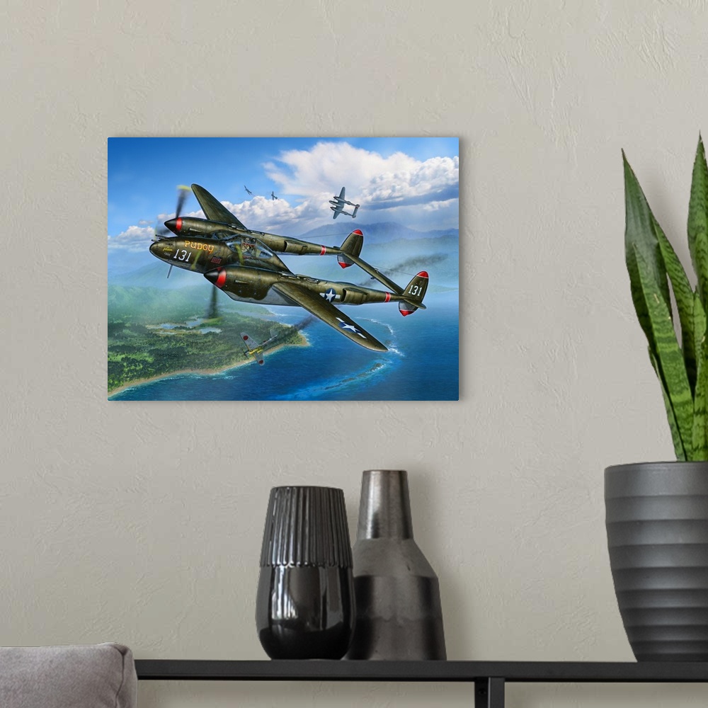 A modern room featuring Tomas McGuire guides his famed P-38 Lightning "Pudgy" to another victory over a South Pacific isl...