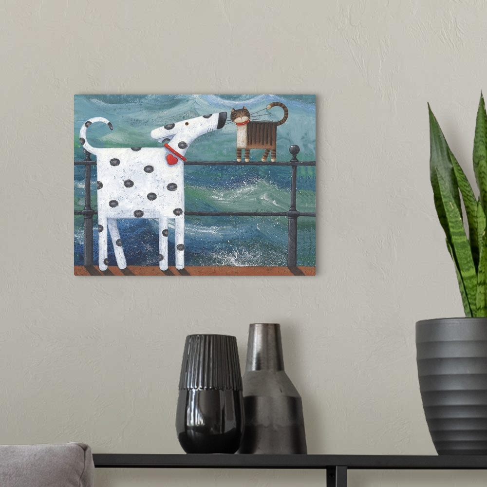 A modern room featuring Contemporary painting of a dalmatian sniffing a cat standing on a railing with water in the backg...
