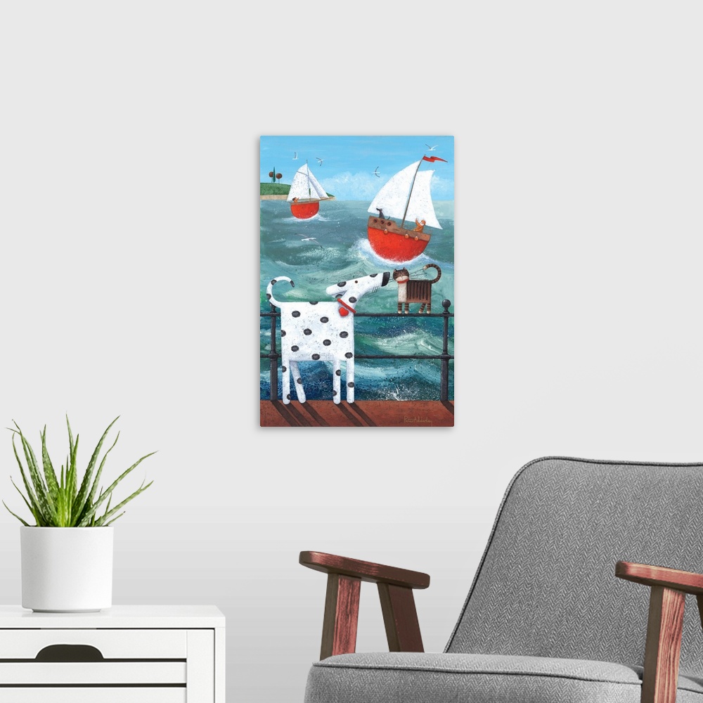 A modern room featuring Contemporary painting of a dalmatian sniffing a cat standing on a railing with water in the backg...