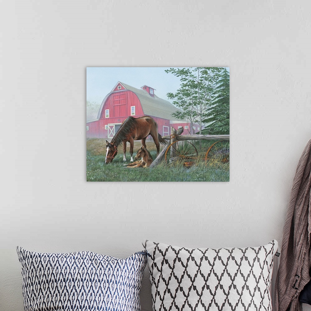 A bohemian room featuring Painting of a mother horse and her foal in the fog of the early morning.