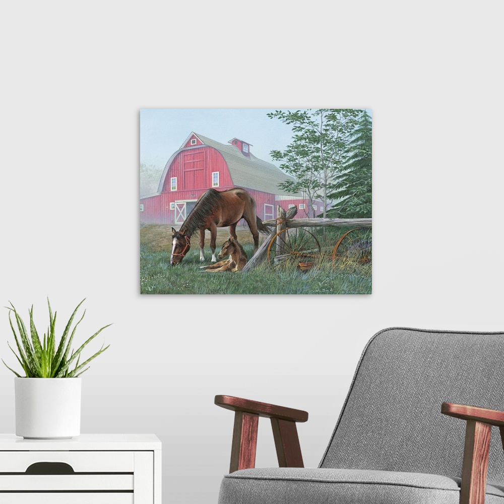 A modern room featuring Painting of a mother horse and her foal in the fog of the early morning.