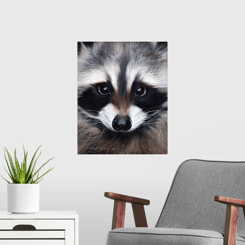 A modern room featuring Portrait of a cute raccoon with large eyes.