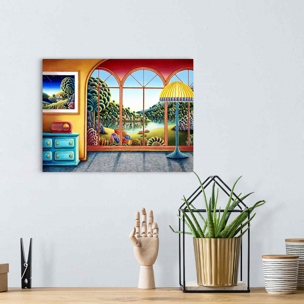 A bohemian room featuring Contemporary painting using vibrant colors and smooth textures.