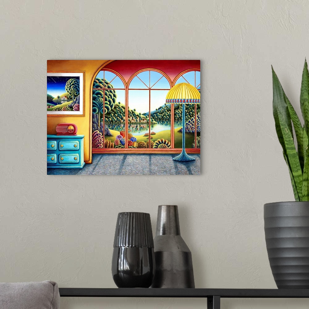 A modern room featuring Contemporary painting using vibrant colors and smooth textures.