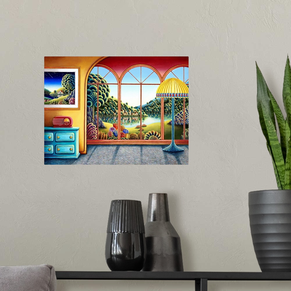 A modern room featuring Contemporary painting using vibrant colors and smooth textures.