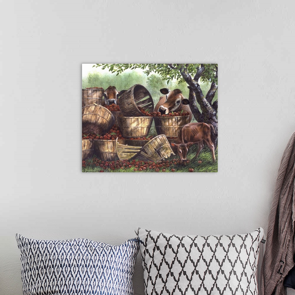 A bohemian room featuring Contemporary painting of cows getting into the basket of freshly picked red apples.