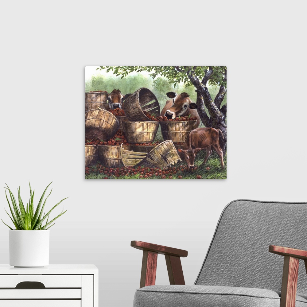 A modern room featuring Contemporary painting of cows getting into the basket of freshly picked red apples.