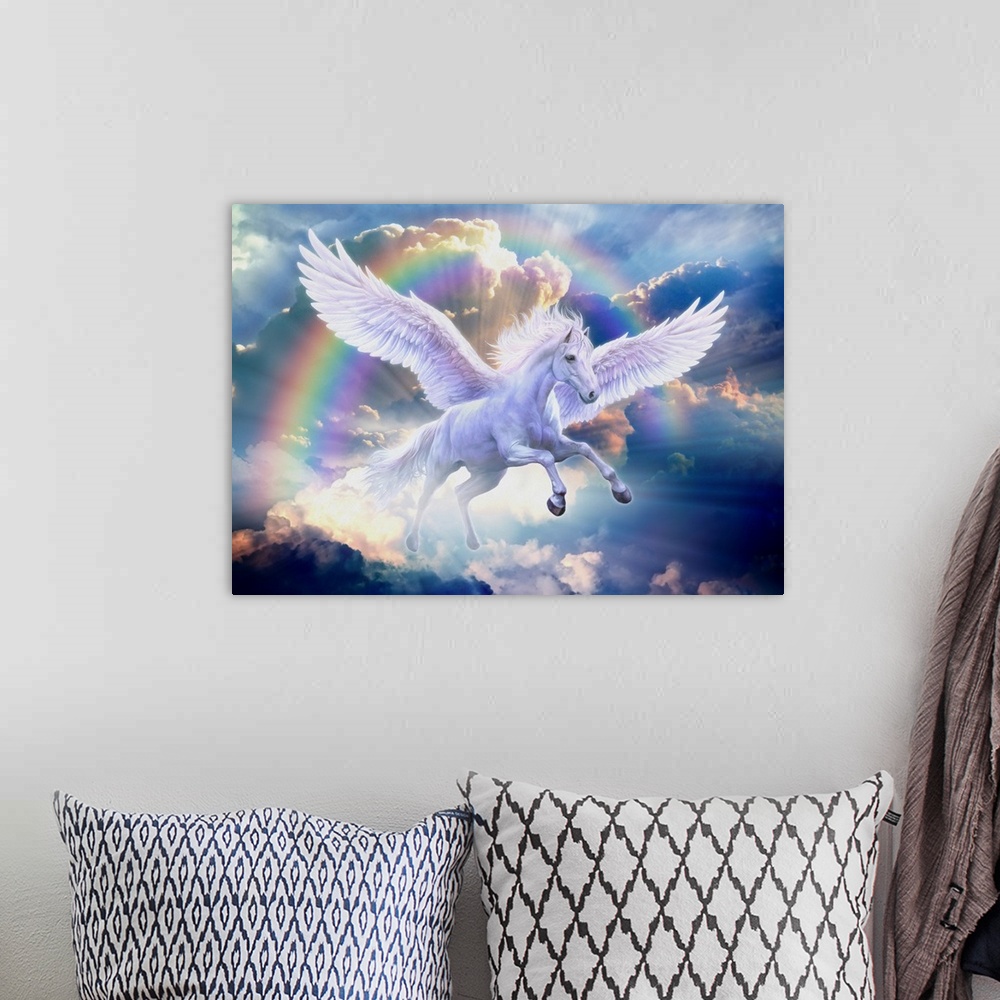 A bohemian room featuring Artwork of a white Pegasus flying through a rainbow in a sky of blue clouds.