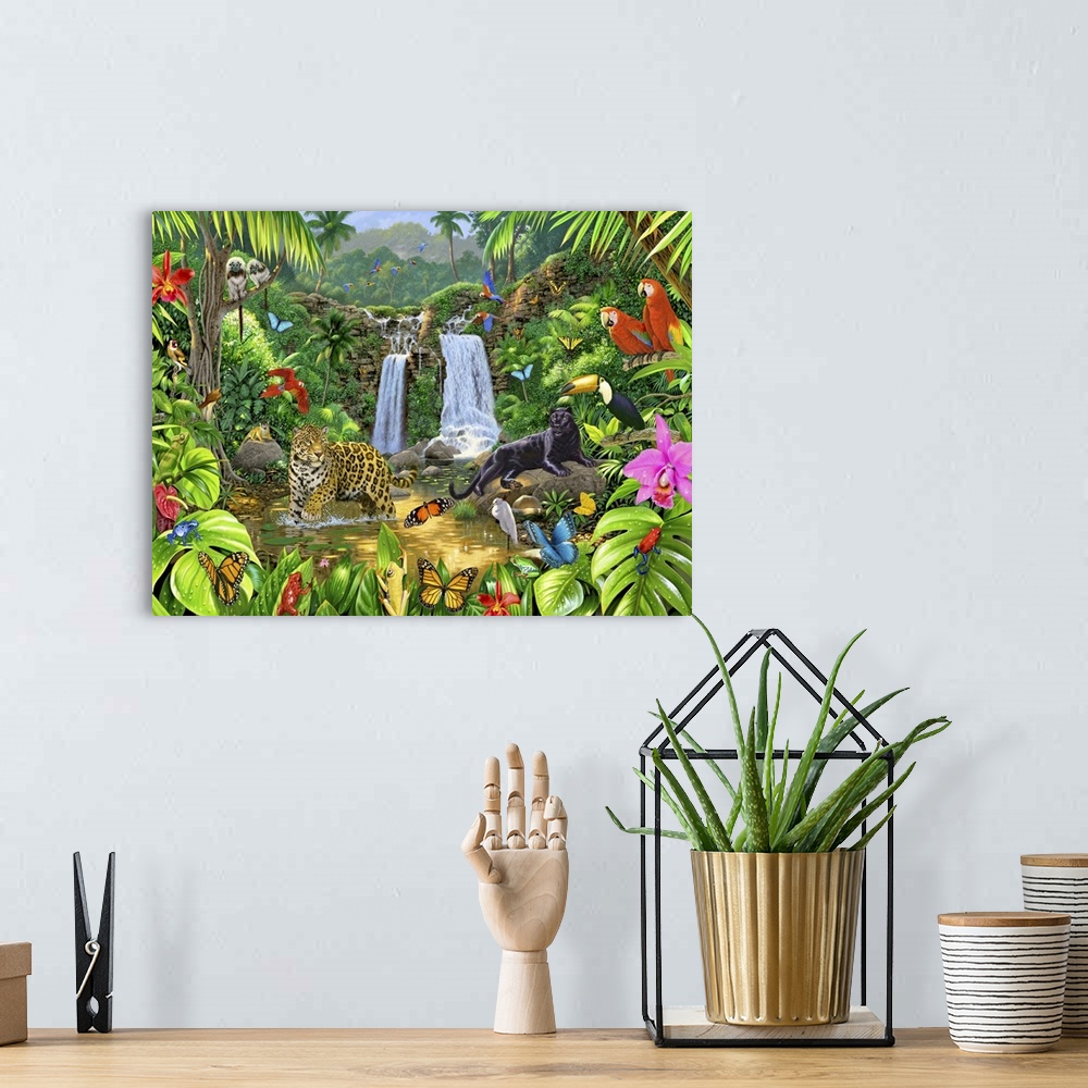 A bohemian room featuring Large painting of different animals in a rainforest with two waterfalls flowing in the background.