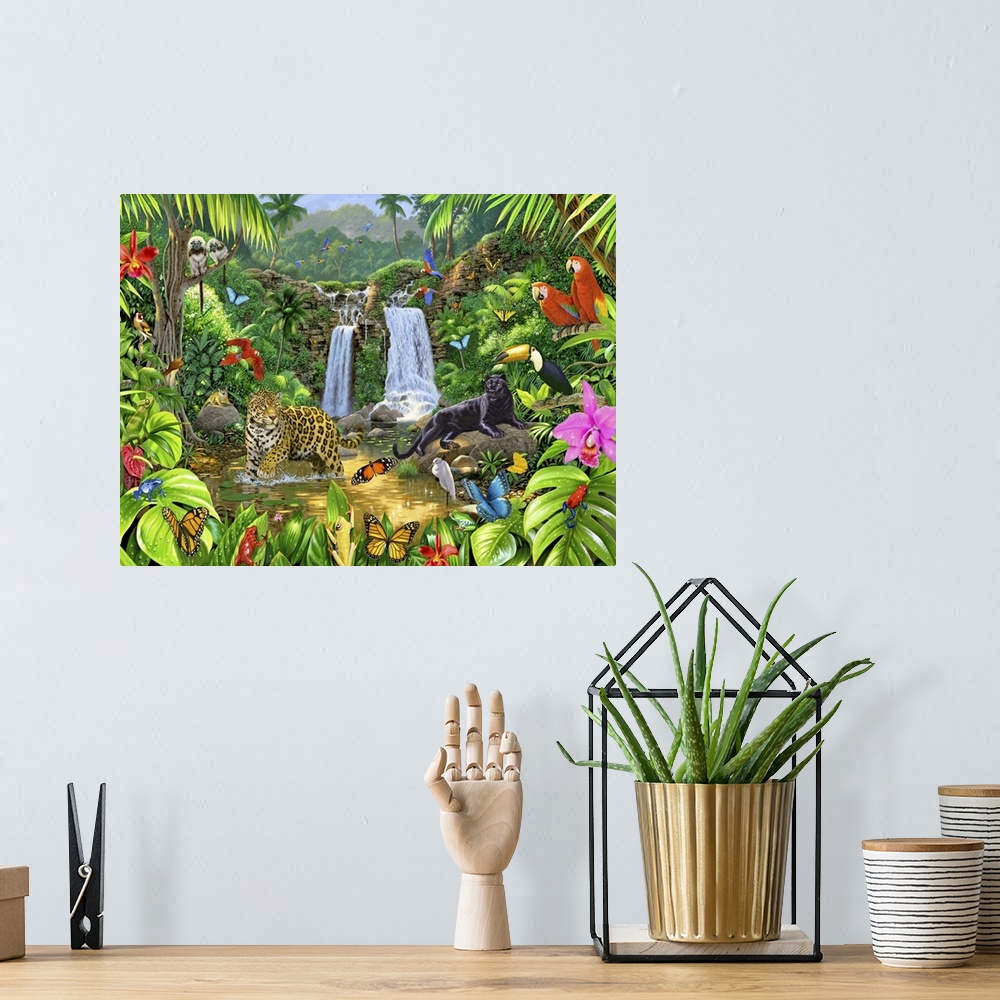 A bohemian room featuring Large painting of different animals in a rainforest with two waterfalls flowing in the background.
