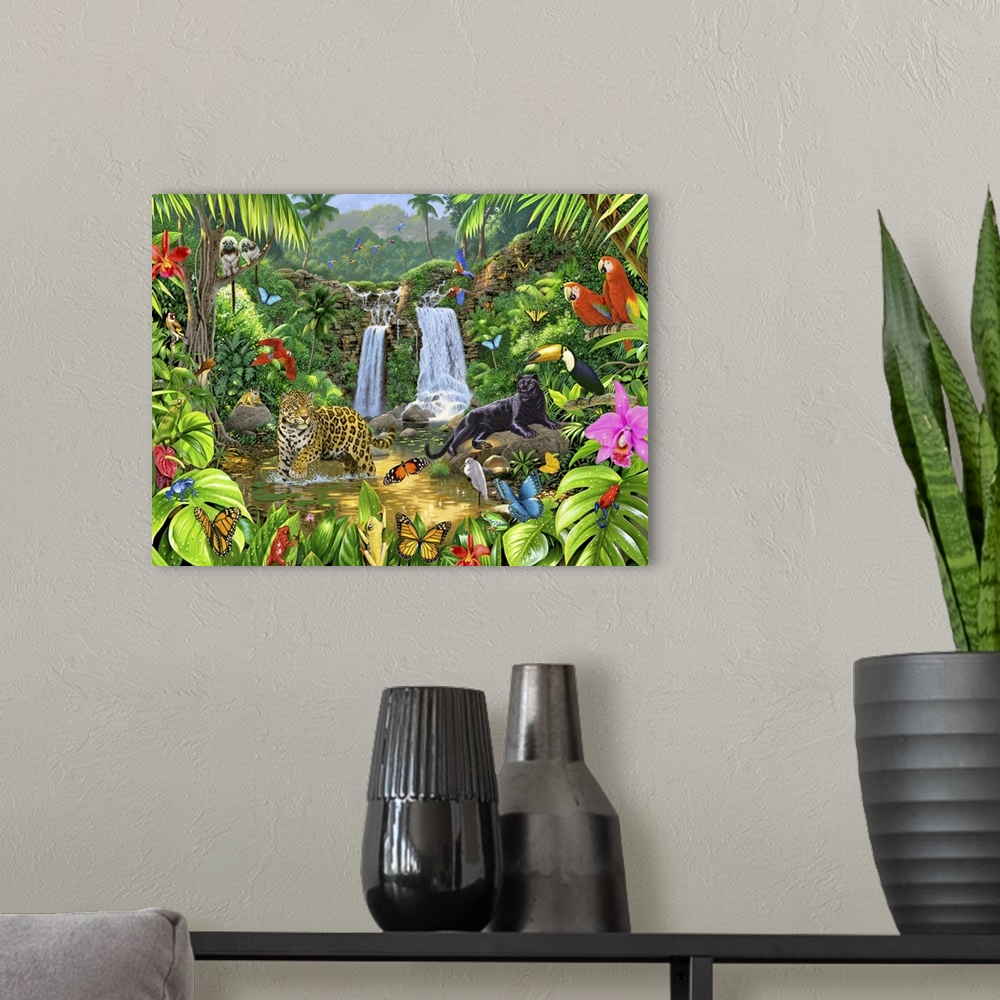A modern room featuring Large painting of different animals in a rainforest with two waterfalls flowing in the background.