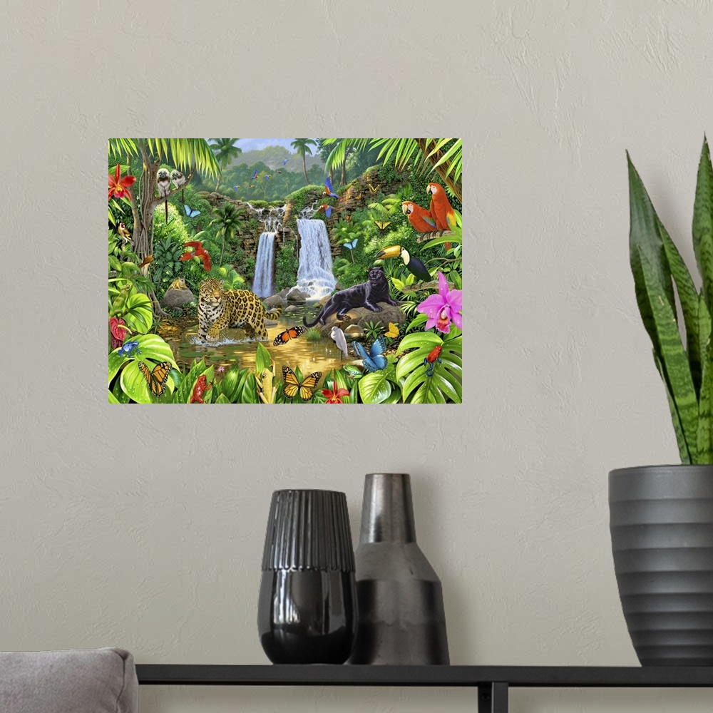 A modern room featuring Large painting of different animals in a rainforest with two waterfalls flowing in the background.