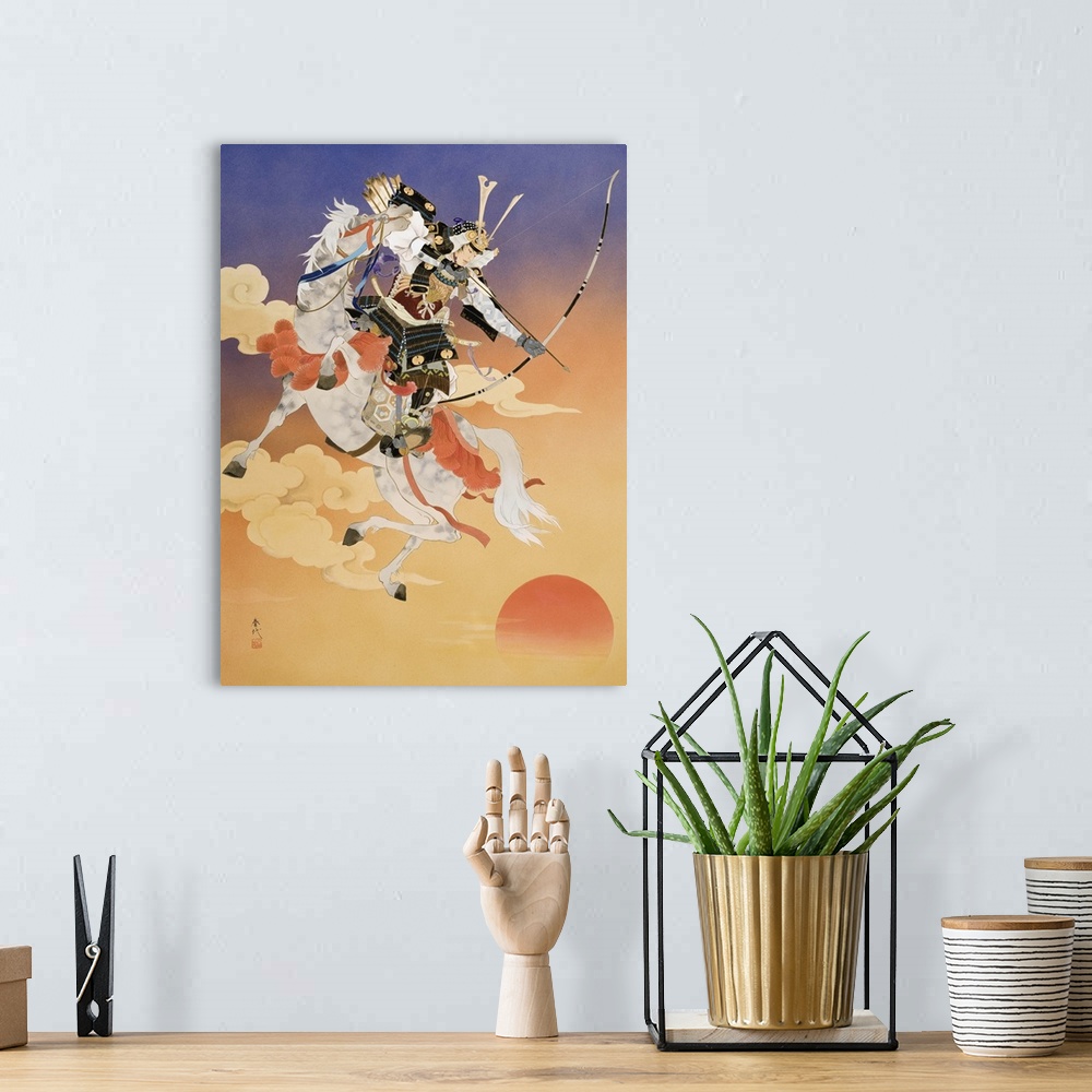 A bohemian room featuring Contemporary colorful Asian art of a samurai warrior on a white horse, with a bow and arrow.