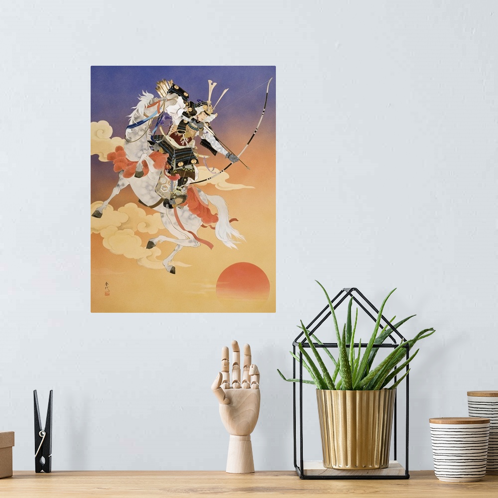 A bohemian room featuring Contemporary colorful Asian art of a samurai warrior on a white horse, with a bow and arrow.