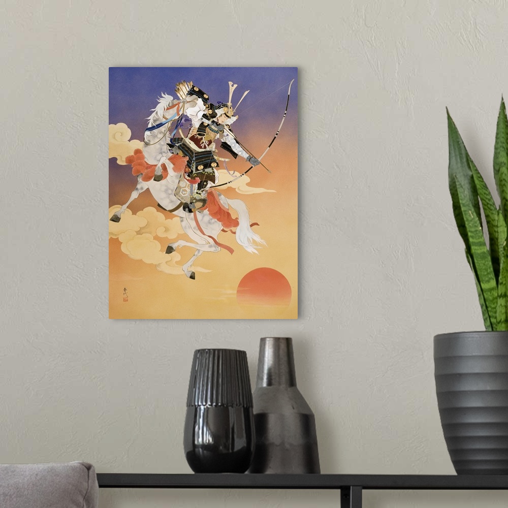 A modern room featuring Contemporary colorful Asian art of a samurai warrior on a white horse, with a bow and arrow.