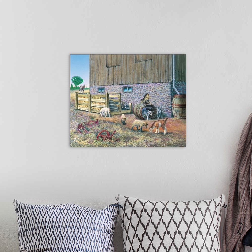 A bohemian room featuring Contemporary painting of young lambs and kids playing on a farm.
