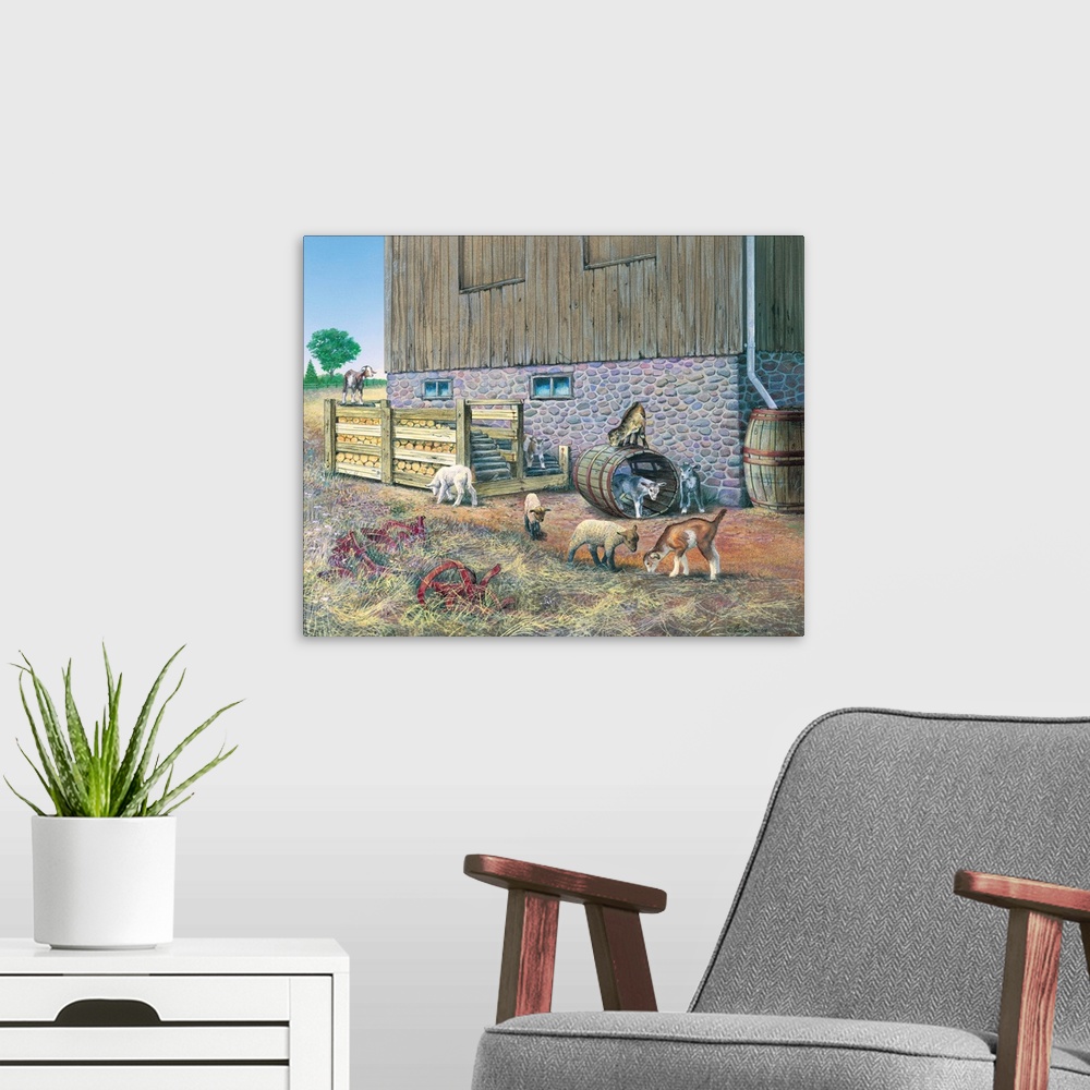 A modern room featuring Contemporary painting of young lambs and kids playing on a farm.
